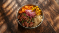 Argentinian Flank Steak, Charred Corn Chimichurri, Sweet Potato cakes, Roasted Peppers