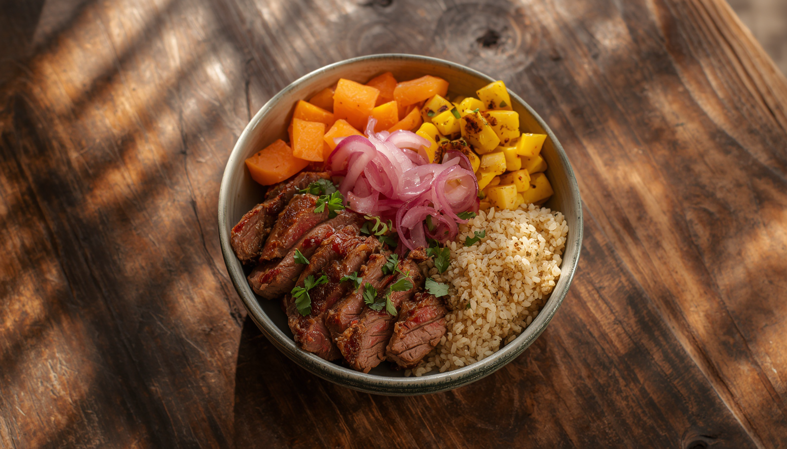 Argentinian Flank Steak, Charred Corn Chimichurri, Sweet Potato cakes, Roasted Peppers