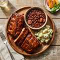 Heritage Baby back Pork  Ribs, Peach BBQ, Baked Beans & Kielbasa, Pesto Potato Salad