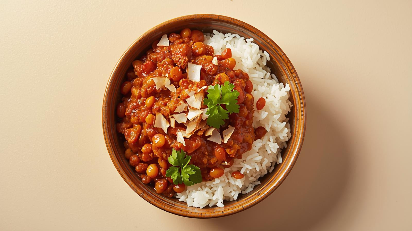 Curried Eggplant & Red Lentil Dahl, Steamed Rice