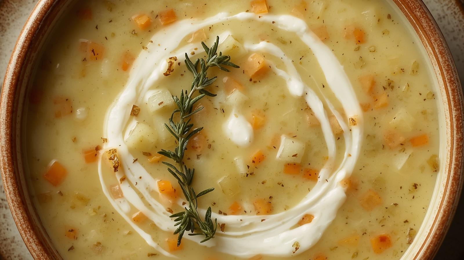Summer Sweet Corn and Zucchini Chowder, Celery, Potatoes, Nutmeg, Onion, Cream  