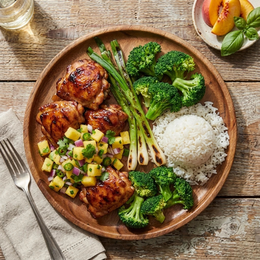 Huli Huli Chicken, Pineapple & Jalapeno Salsa, Steamed Rice, Grilled Scallions, Broccoli